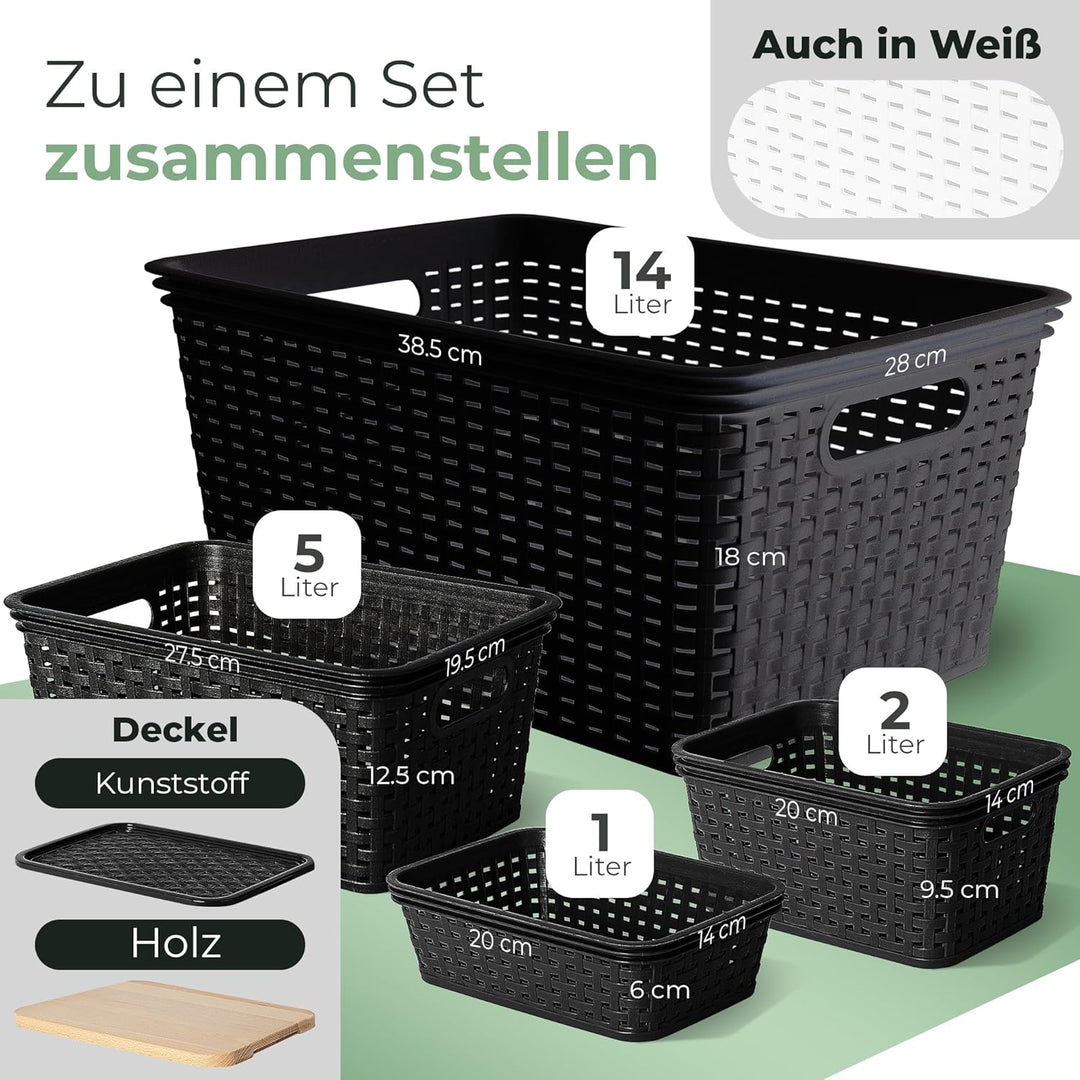 Novaliv 6x Aufbewahrungskorb in Rattan-Optik ohne Deckel | Schwarz Kunststoff 5L Nestbar Storage box