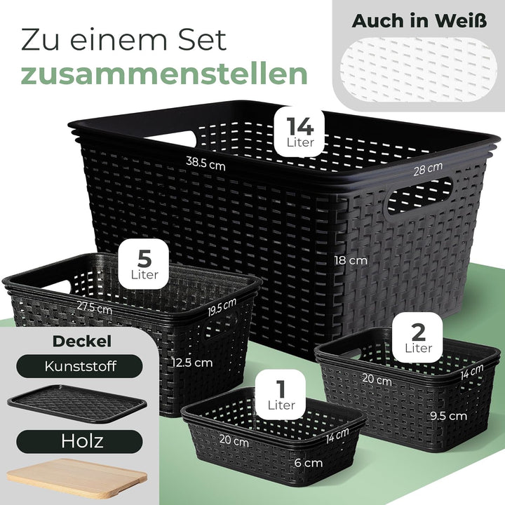 Novaliv 6x Aufbewahrungskorb in Rattan-Optik ohne Deckel | Schwarz Kunststoff 5L Nestbar Storage box