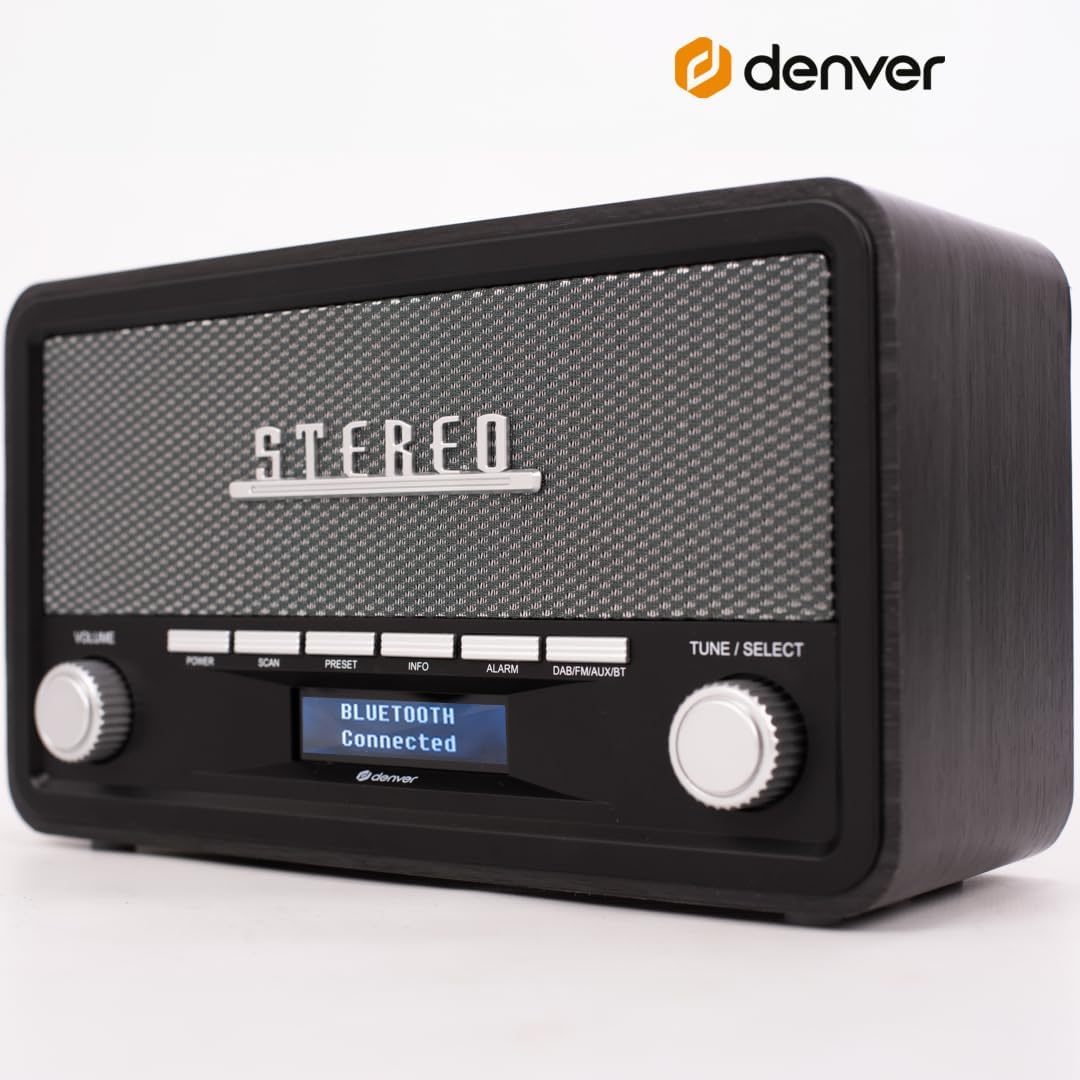 Denver DAB Radio DAB18, Radio mit Bluetooth, Retro Radio aus Holz, FM Radio, DAB, DAB+, AUX, Batteri