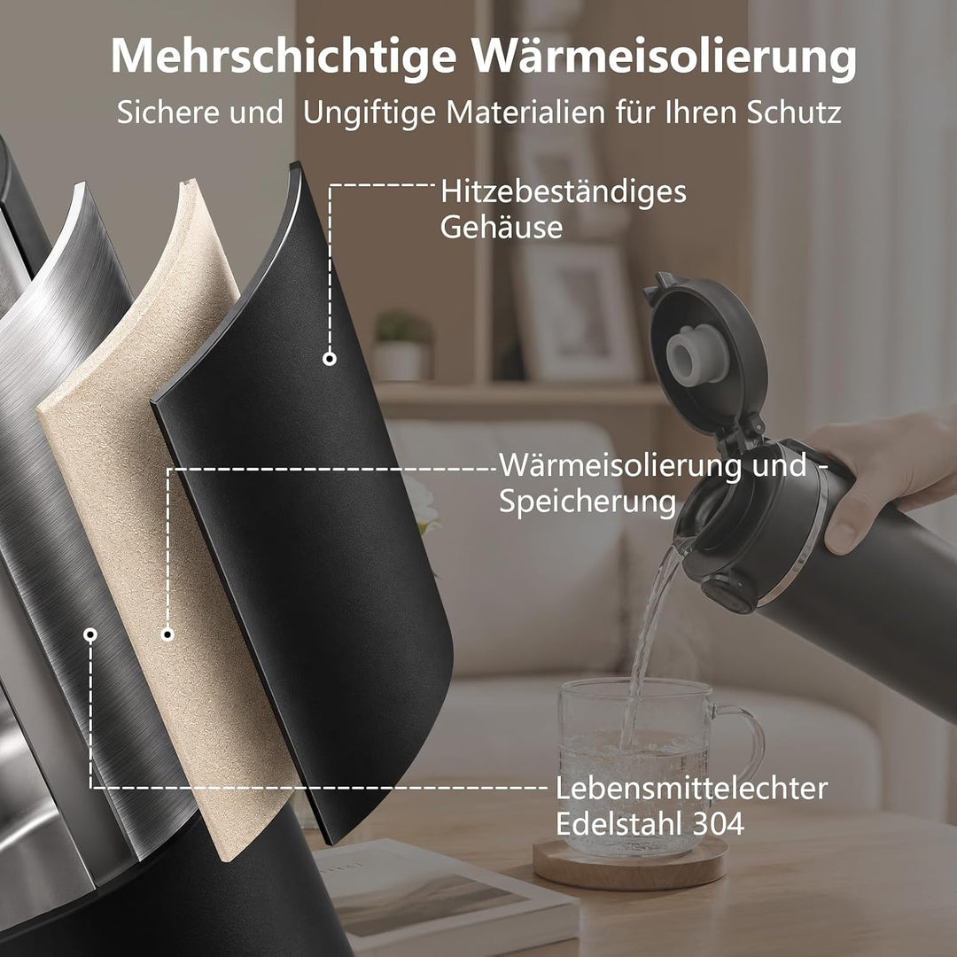 Skeufy 3-in-1 Reise Wasserkocher Klein mit Flaschenhülle &amp; Teesieb, Schwarz, Schwarz