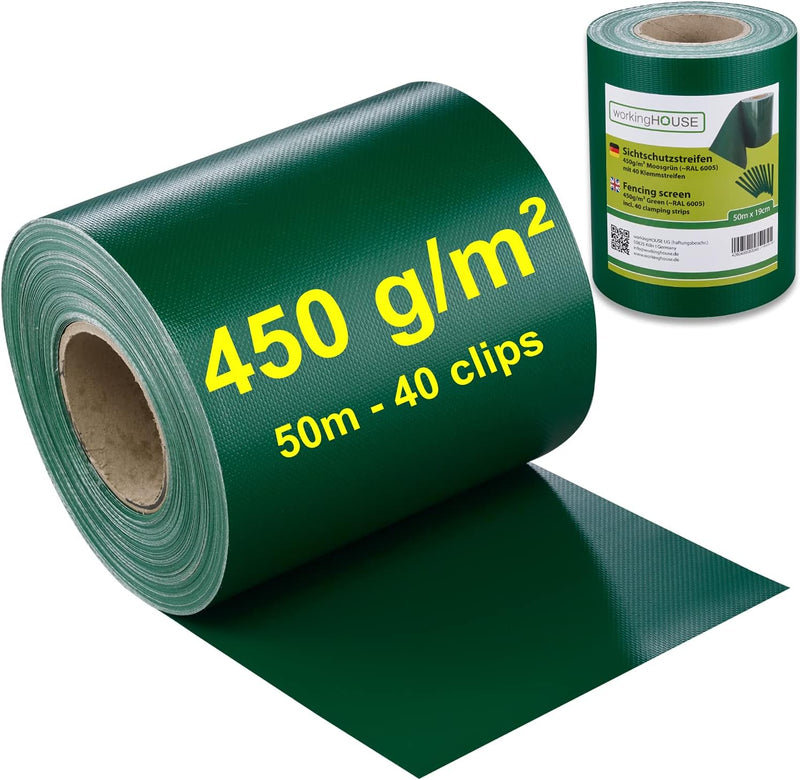 workingHOUSE PVC Sichtschutzstreifen für Doppelstabmattenzaun - 450g/m² 50 m x 19 cm - Zaunsichtschu