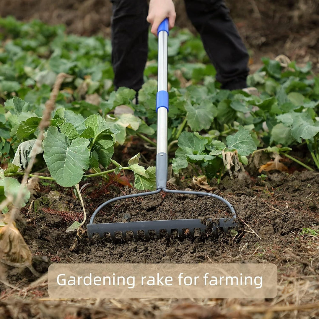 Gartenrechen 14 Zinken, Bogenrechen Metall Schwerlast aus Edelstahl mit Stiel 152 cm, Robuster Laubr