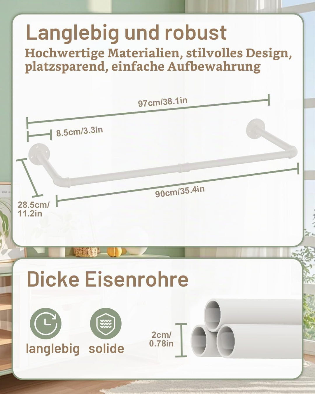 2er Set Kleiderstange Industrial, 97 cm Kleiderständer Wandmontage, Platzsparenders Wandregal Küchen