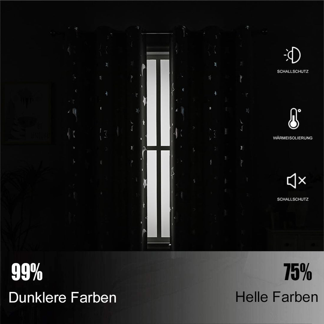 Freyamy Vorhang Blickdicht Dunkelblau Mond Sternenvorhänge 2 Stück,130x100cm (HxB) Niedliche Vorhäng