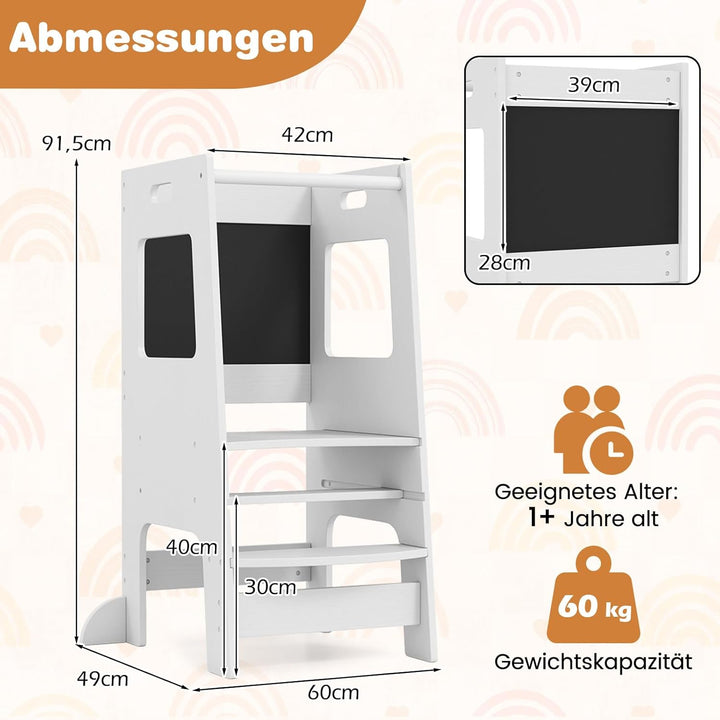 DREAMADE Lernturm ab 1 Jahr, Tritthocker Holz mit doppelseitiger Tafel, Learning Tower Höhenverstell