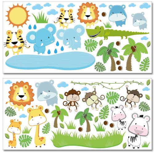 Wandkings Baby Safari Tiere Wandsticker Megapack Set, 80 Aufkleber, Gesamtfläche 260 x 70 cm