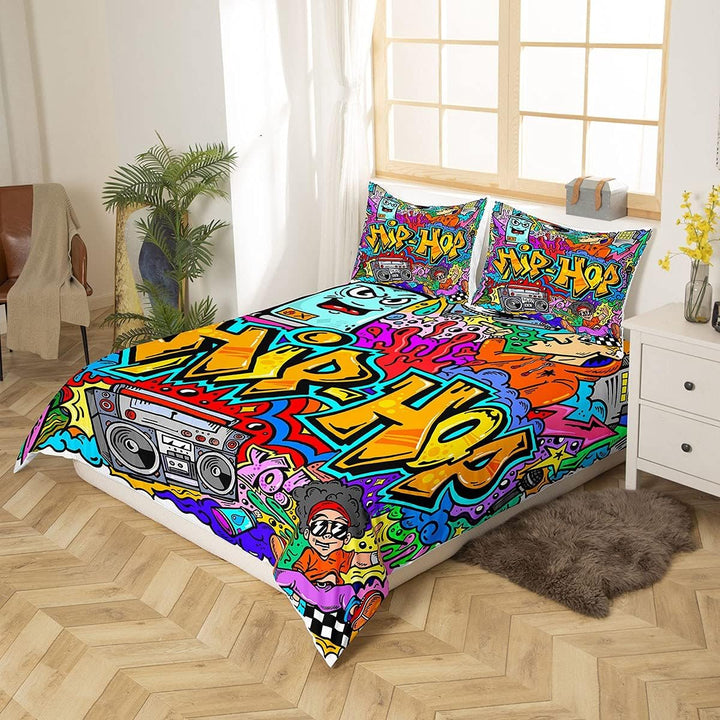 Graffiti-Bettwäsche-Set für Kinder, Hip-Hop-Thema, Radio, Rock, Jugendliche, Bettdeckenbezug, für Ju