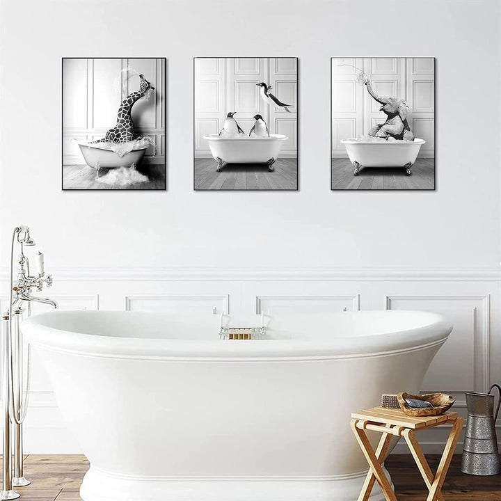 WADBTP Badezimmer Bilder,Schwarz Weiss Bilde,Lustige Tier in der Badewanne Leinwand Bilder für Wohnz