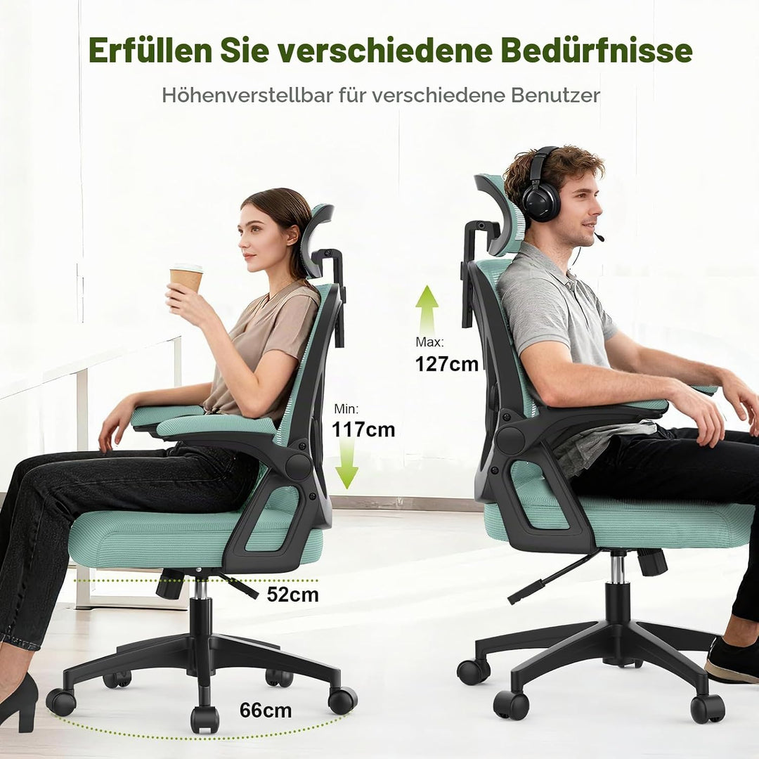 Bürostuhl, ergonomischer Schreibtischstuhl mit gepolsterter Lendenwirbelstütze und hochklappbaren Ar