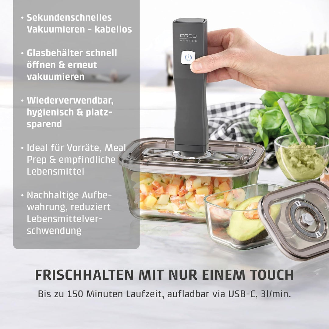 CASO Vacu OneTouch Eco-Set, Handvakuumierer inkl. 3 Vakuumbehälter aus Glas, 10 ZIP-Beutel und Food