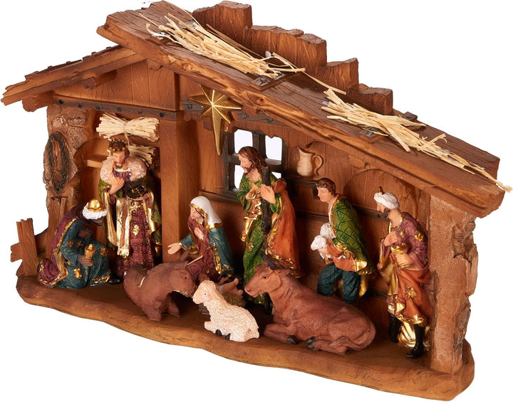BRUBAKER Weihnachtskrippe - 40 cm Tischkrippe Weihnachtsfigur mit handbemalten Figuren Jesus, Maria,