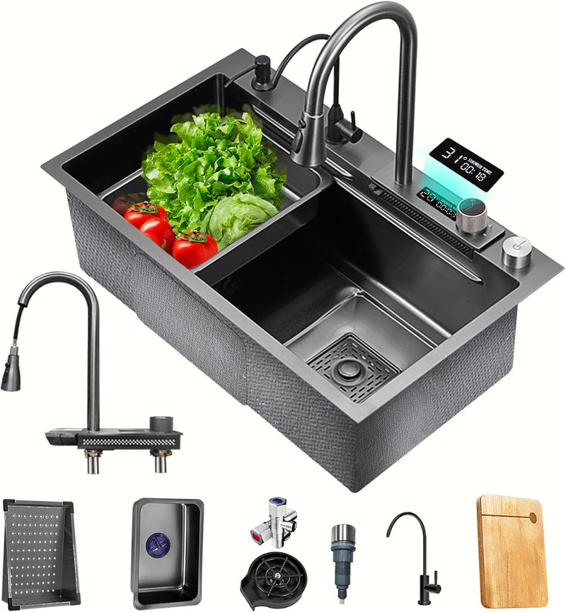 Küchenspüle Edelstahlspüle Einzelbecken-Multifunktions-Spüle in Schwarz Spülbecken 1 Becken mit Ausz