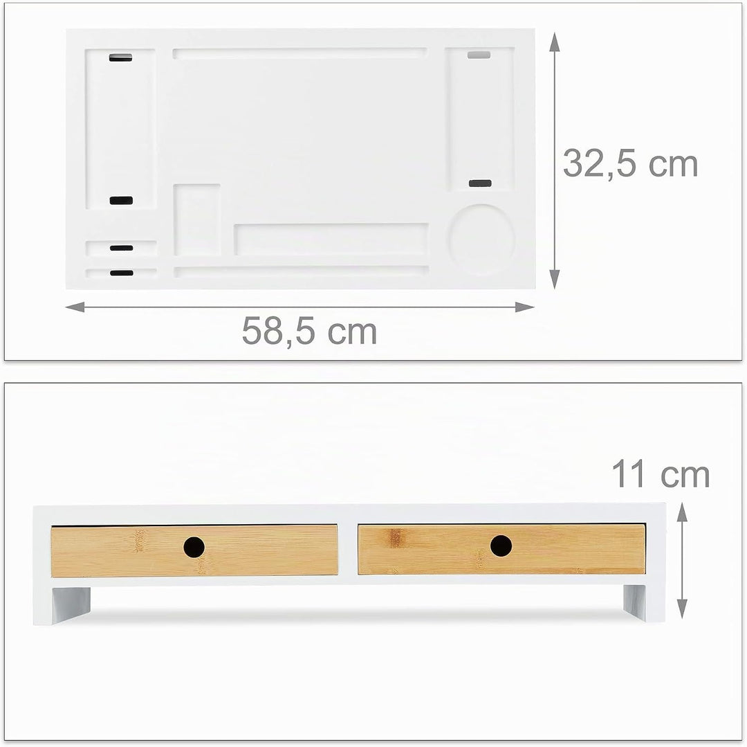 Relaxdays Monitorständer, XL Bildschirmerhöhung aus Bambus &amp; MDF, 2 Schubladen, Organizer, HBT 11 x