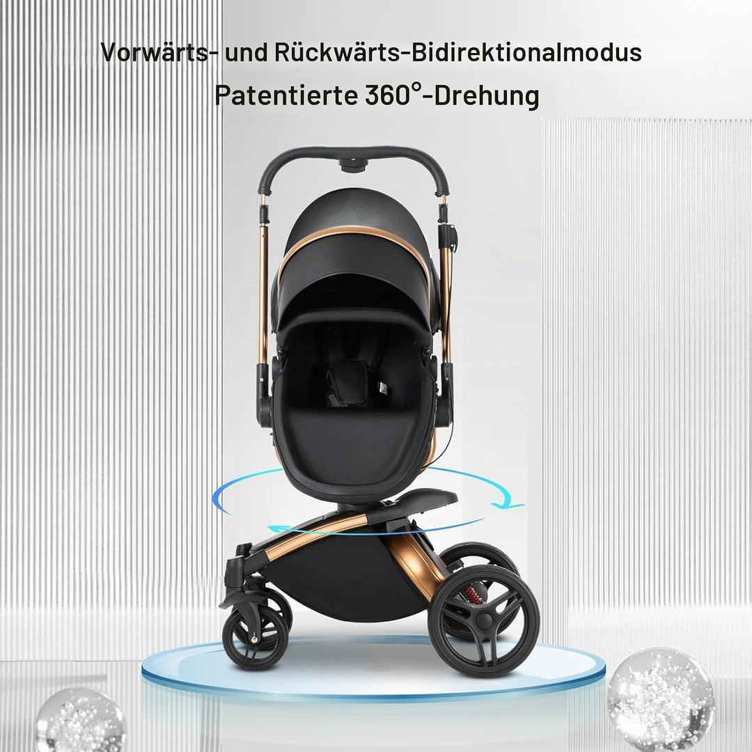 Prokoke PU-Leder Kinderwagen 3 in 1, Buggy mit Verstellbarem Sitz mit 360°-Drehung, Kinderwagen mit