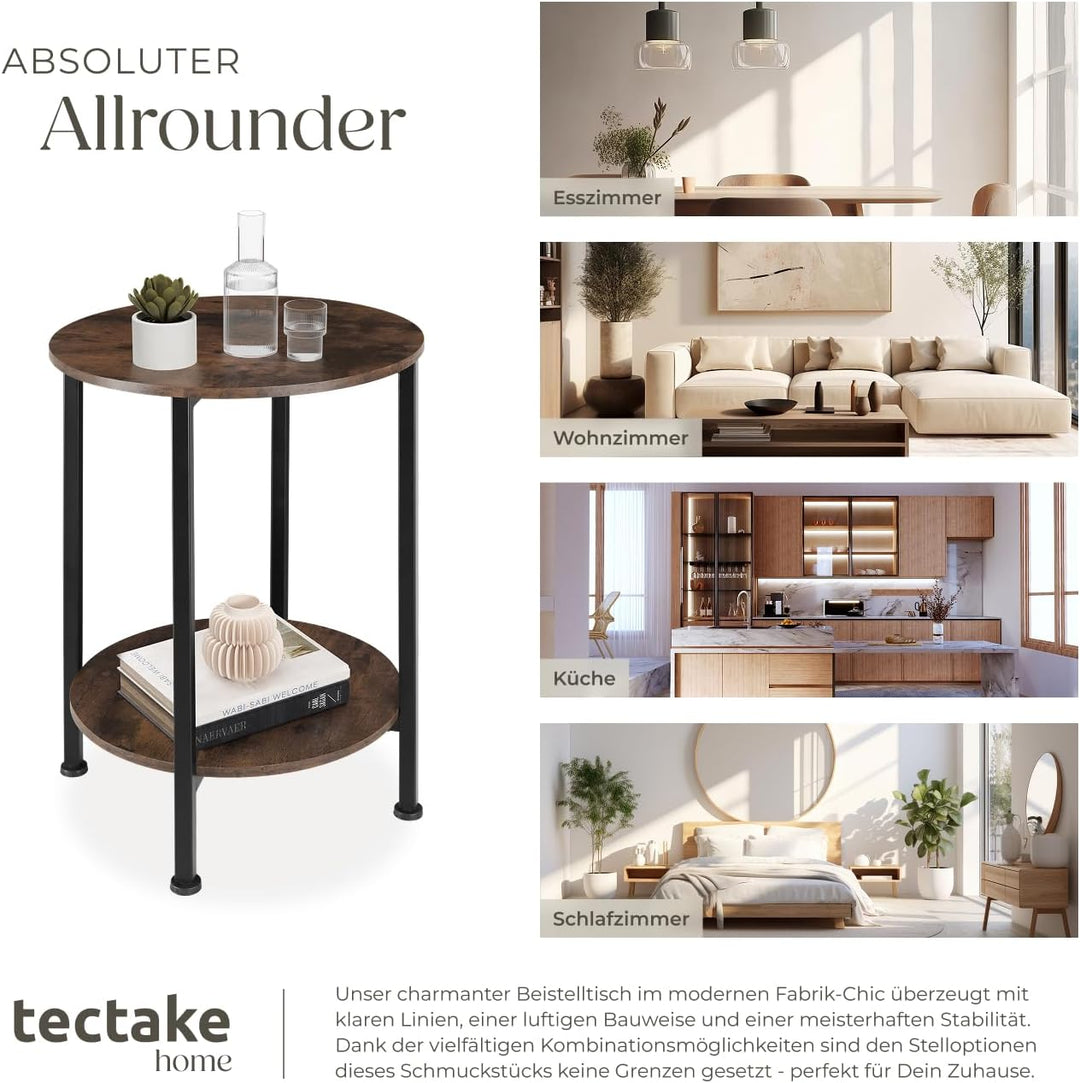 tectake Beistelltisch rund aus Holz und Metall, Industrie-Design, Couchtisch mit 2 Ablagen, für Wohn