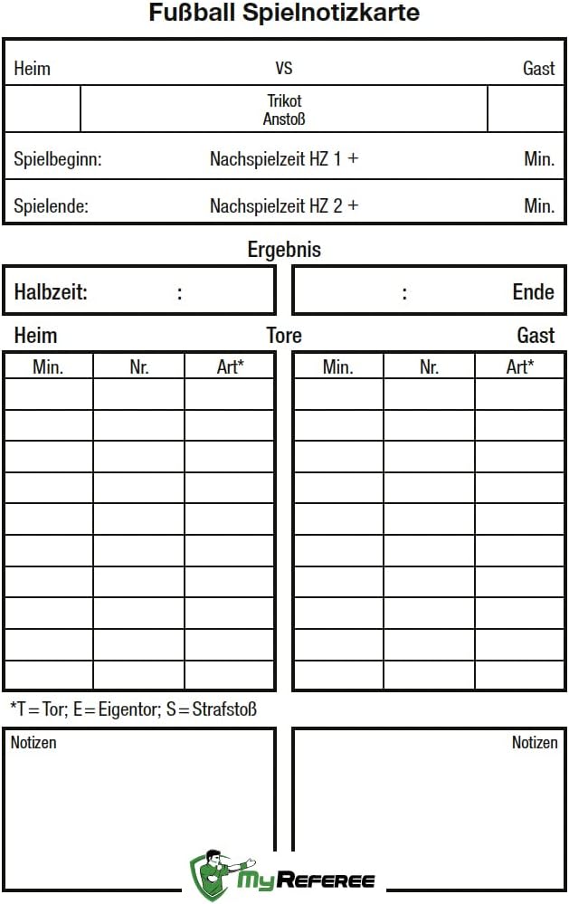 MyReferee Schiedsrichter Spielnotizkarten Fussball 250 Stück Neue Generation gemäss DFBnet