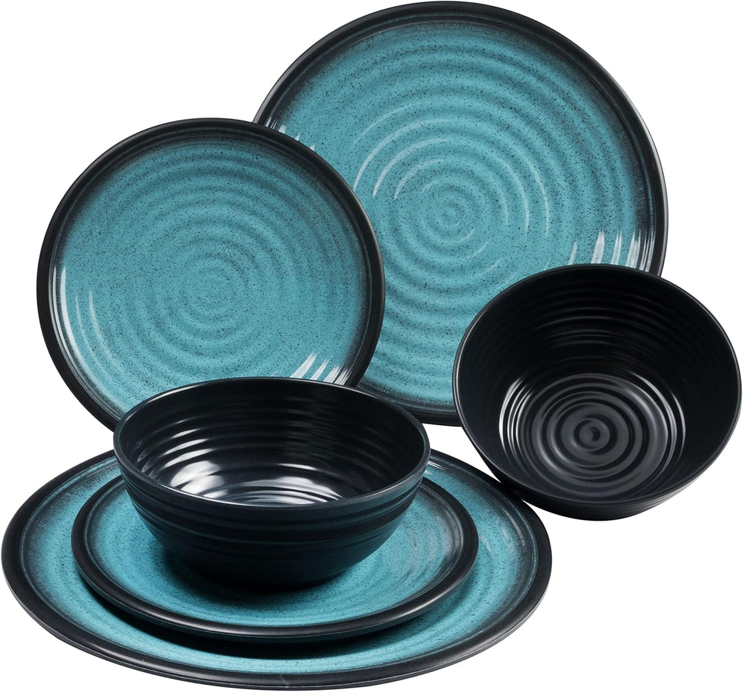 Melamin Camping Geschirr Set für 2 Personen - mit Tellern und Stapel-Tassen - 8 Teile - Blau-Schwarz