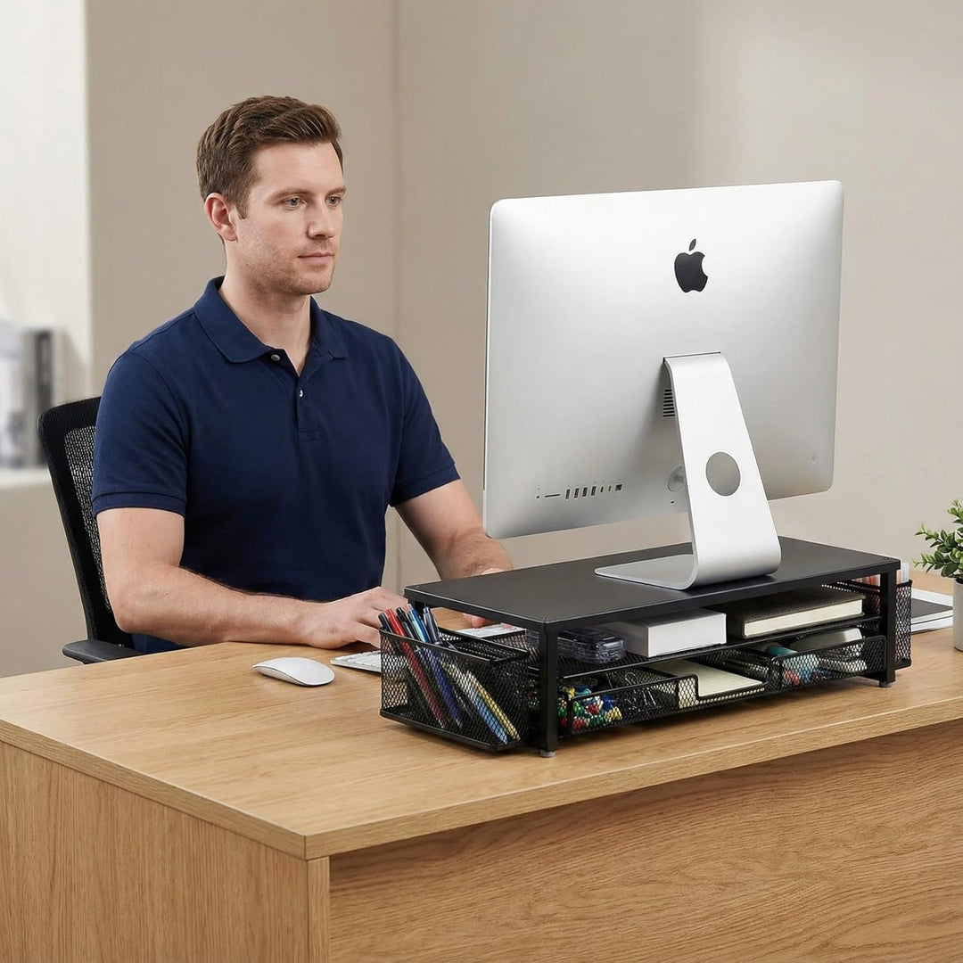 Monitorständer mit Schublade und Stifthalter für Schreibtisch, 2-stufiger Laptopständer aus Metall f