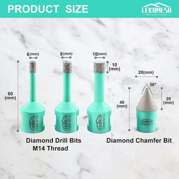 Diamant Bohrkrone Kit - 4 Stück (6/8/10mm+20mm Diamant Fasenfräser) LEKOMESH Diamant Lochsäge mit Pl