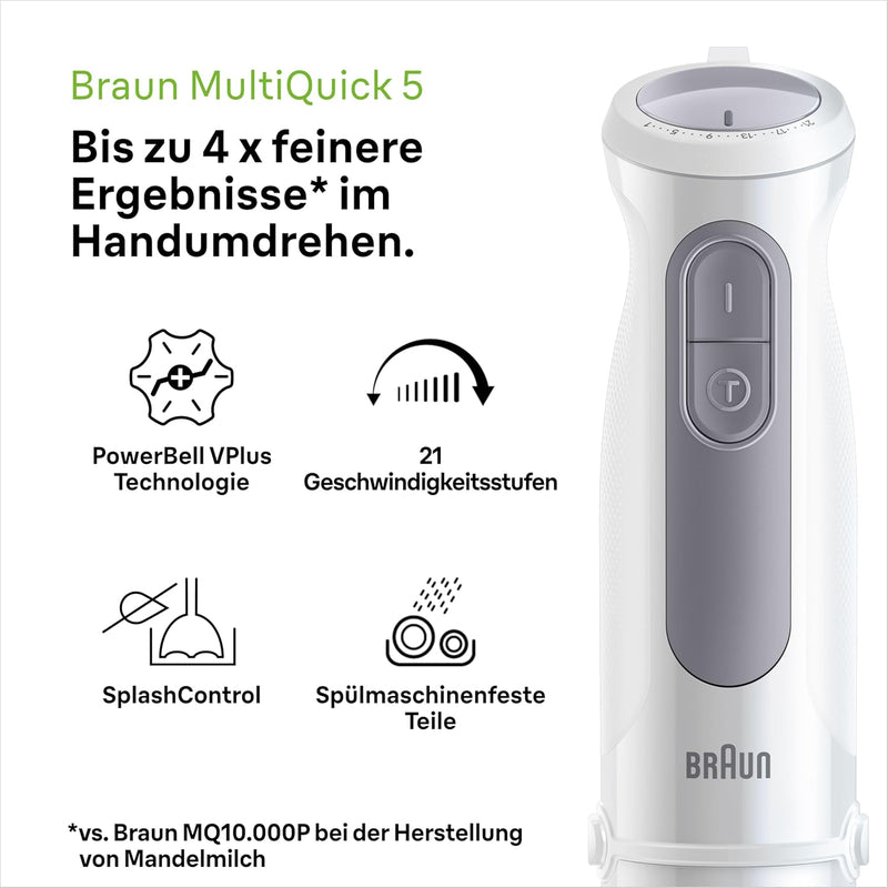 Braun Stabmixer MultiQuick 5 MQ 50001 M, 1000W, 21 Geschwindigkeitsstufen+Turbo, Edelstahl Pürierfus