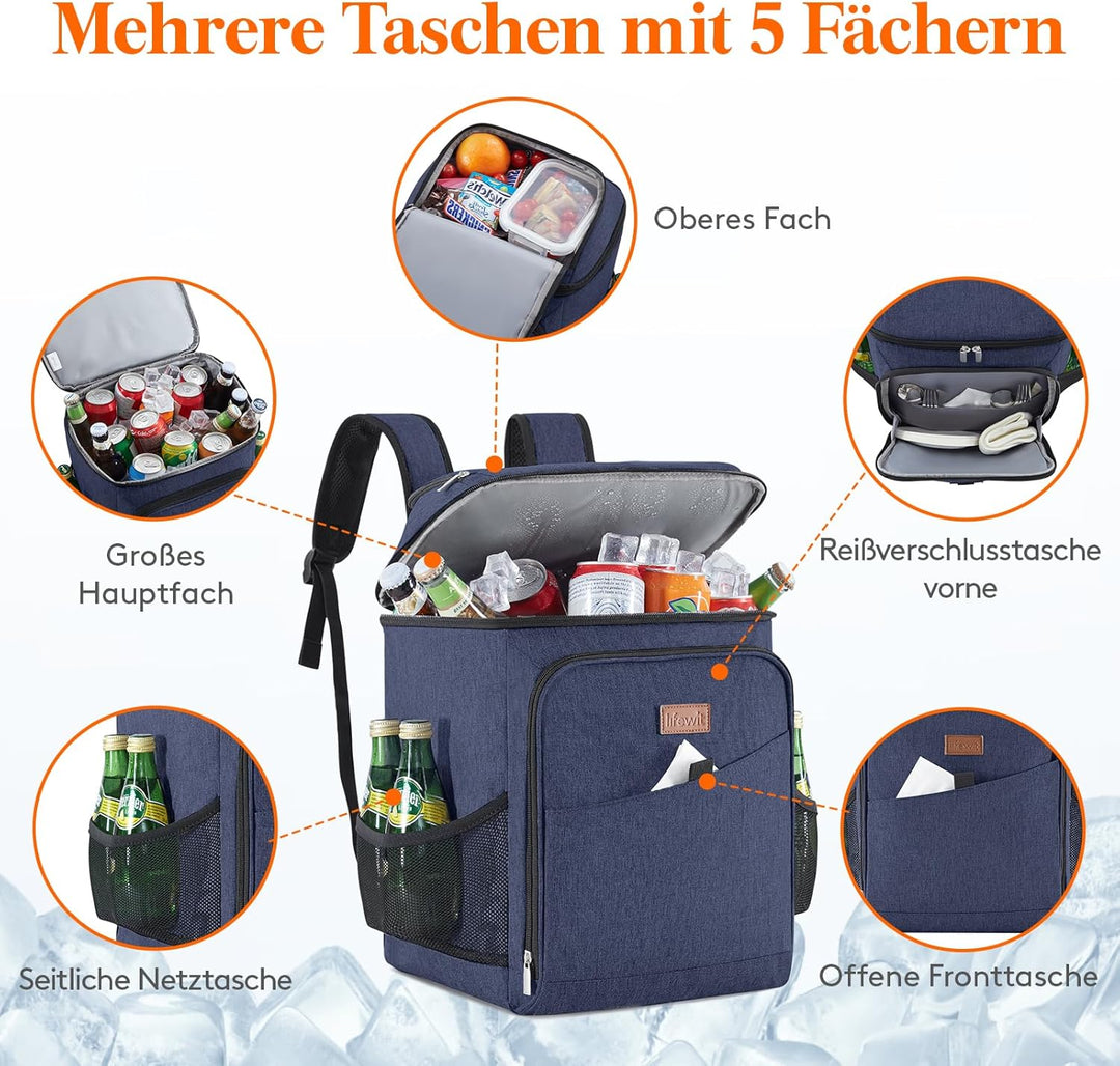 Lifewit 32L, 34 Dosen, isolierte Kühltasche, Grosse kühlrucksack, auslaufsichere tragbare Lunchtasch