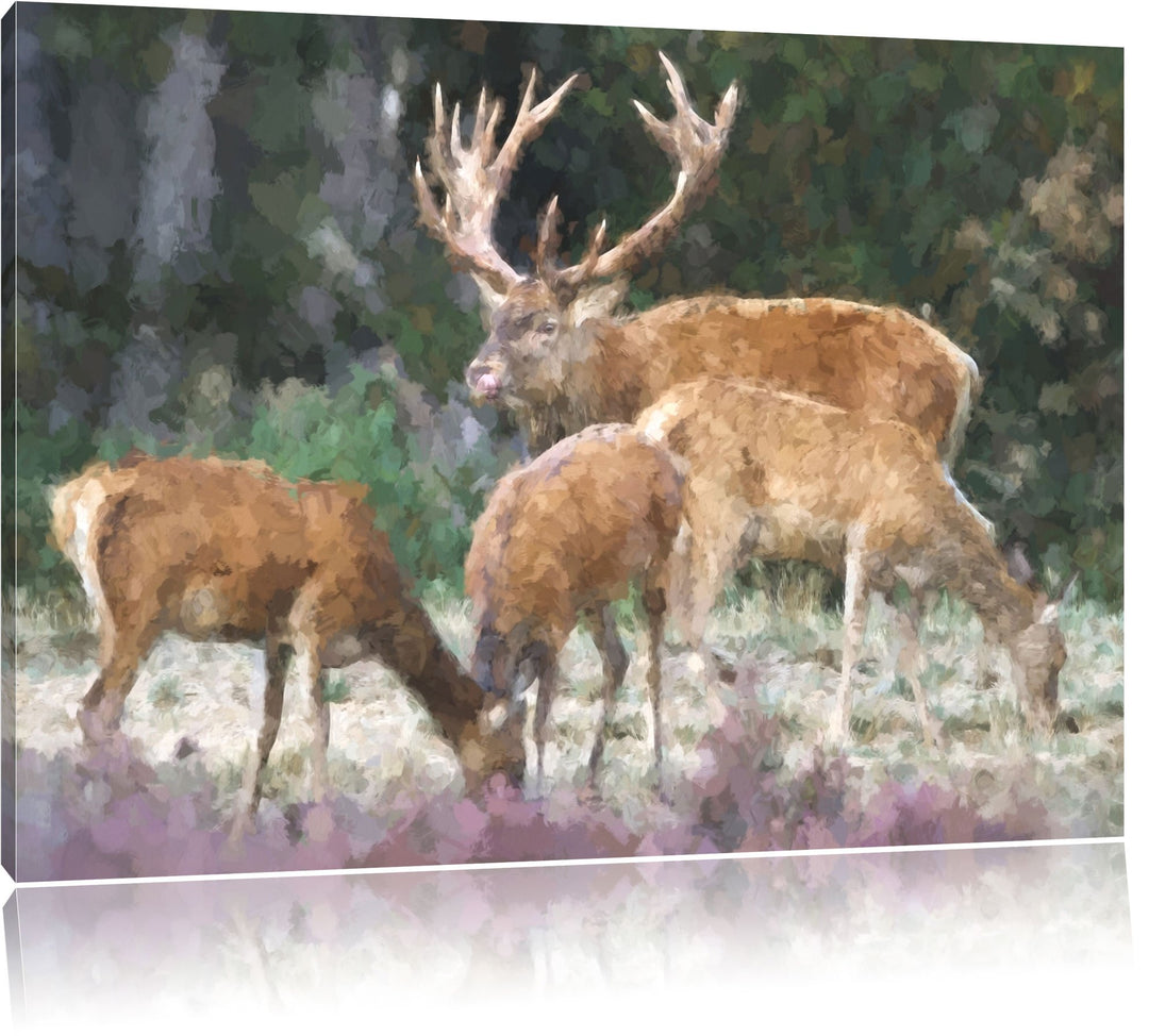 Hirschfamilie auf Waldlichtung NewArt Format: 100x70 cm auf Leinwand, XXL riesige Bilder fertig gera