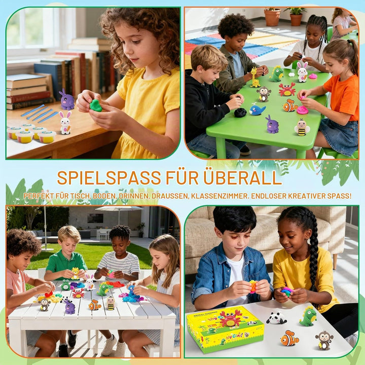 Modelliermasse Lufttrocknend für Kinder-12 Tiermotive Magische Knete Lufttrockener mitWerkzeugen&amp;Anl