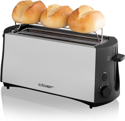 Cloer 3710 Langschlitztoaster für 4 Toastscheiben / 1380 W / integrierter Brötchenaufsatz / Nachhebe