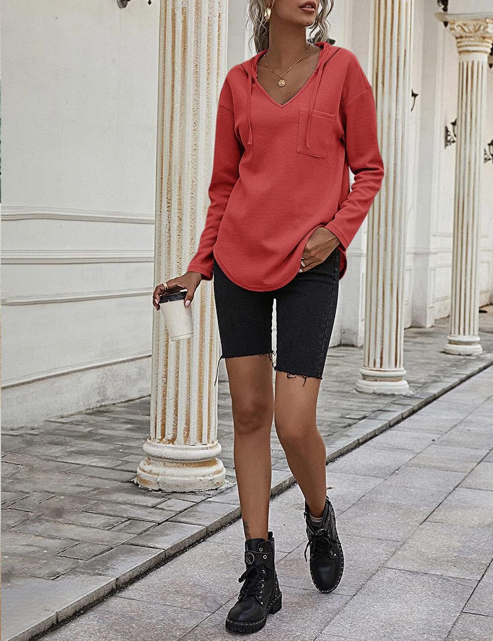 Pullover Damen Hoodie Langarm V Ausschnitt Pullover Sweatshirt Kapuzenpullover Einfarbig Drawstring