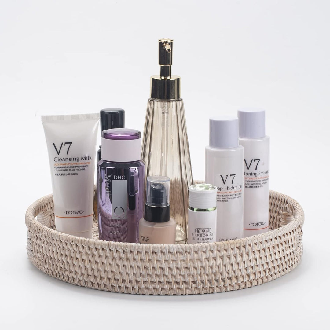 Serviertablett aus Rattan, rundes Tablett 30 cm – Handgeflochtener Korb im Landhausstil, Gebleicht W