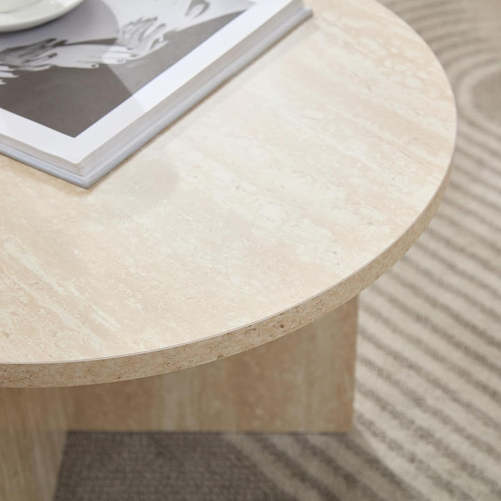 Couchtisch Oval Rund Weiss Travertin Steinoptik – 100 x 50 x 40 cm (L x B x H) Travertin Weiss, Trav