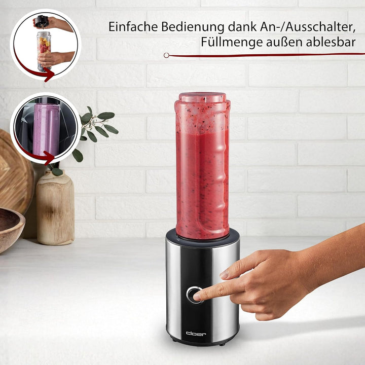 Cloer 6969 Smoothie Maker, Mini Standmixer to go, Milchshakes, Behälter 600 ml, Trinkflasche aus Tri