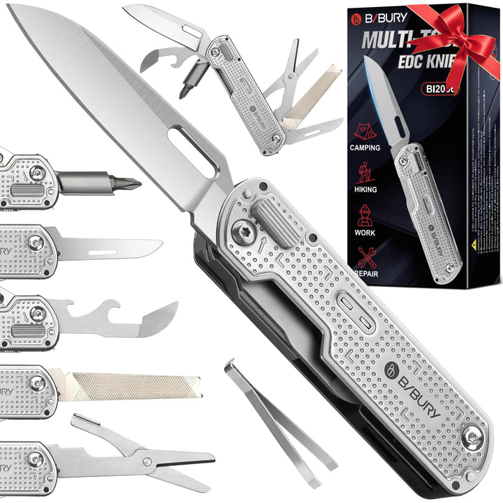 BIBURY Geschenke für Männer, Multitool EDC Taschenmesser, Survival Messer Edelstahl, Messer Outdoor,