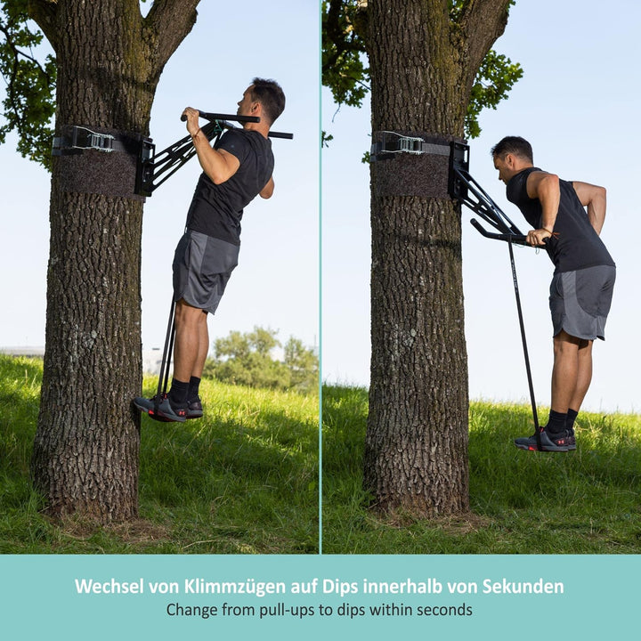 PULLUP & DIP Premium Klimmzugstange und Dip Stange, Mobil für Wand und Befestigung an Baum & Pfosten