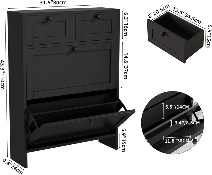 VOWNER Schuhschrank mit 2 Klappfächer, Schuhregal Schuhkipper Schmal, mit 4 Fächern, Verstellbar, An