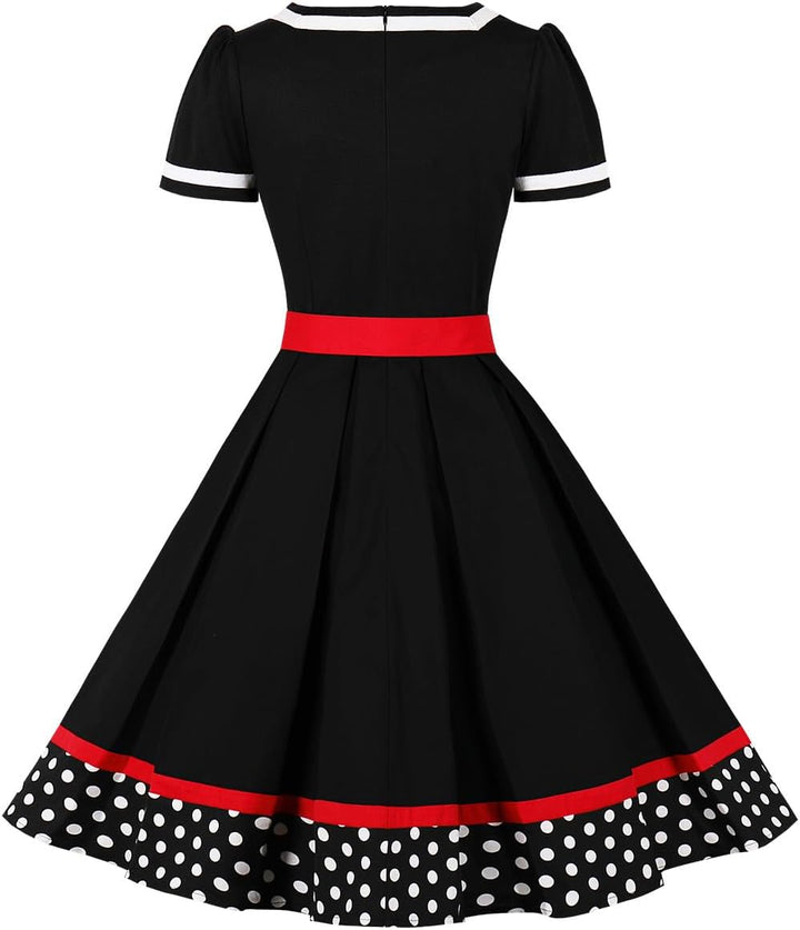 AXOE Damen Gepunktet Rockabilly Vintage Kleid mit Gürtel Partykleid XS Schwarz-2, XS Schwarz-2