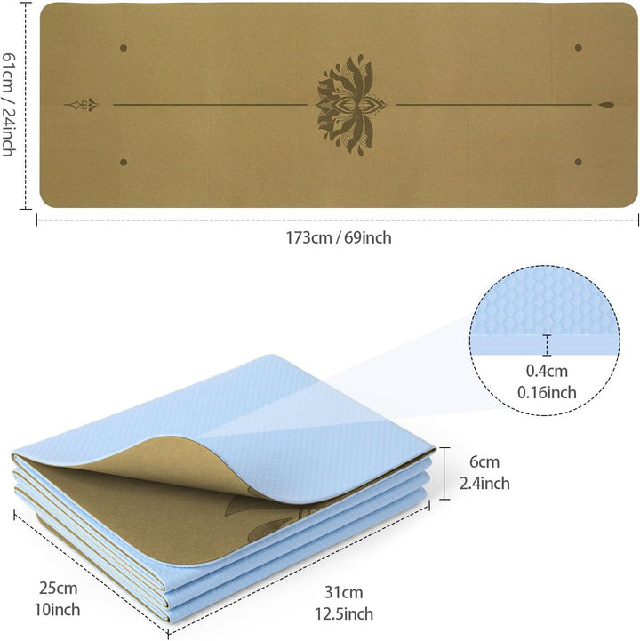 Reise-Yogamatte, faltbar, klein, 173 x 61 cm, 0,4 cm, mit Tragetasche, leichtes Pilate-Design Kork-L