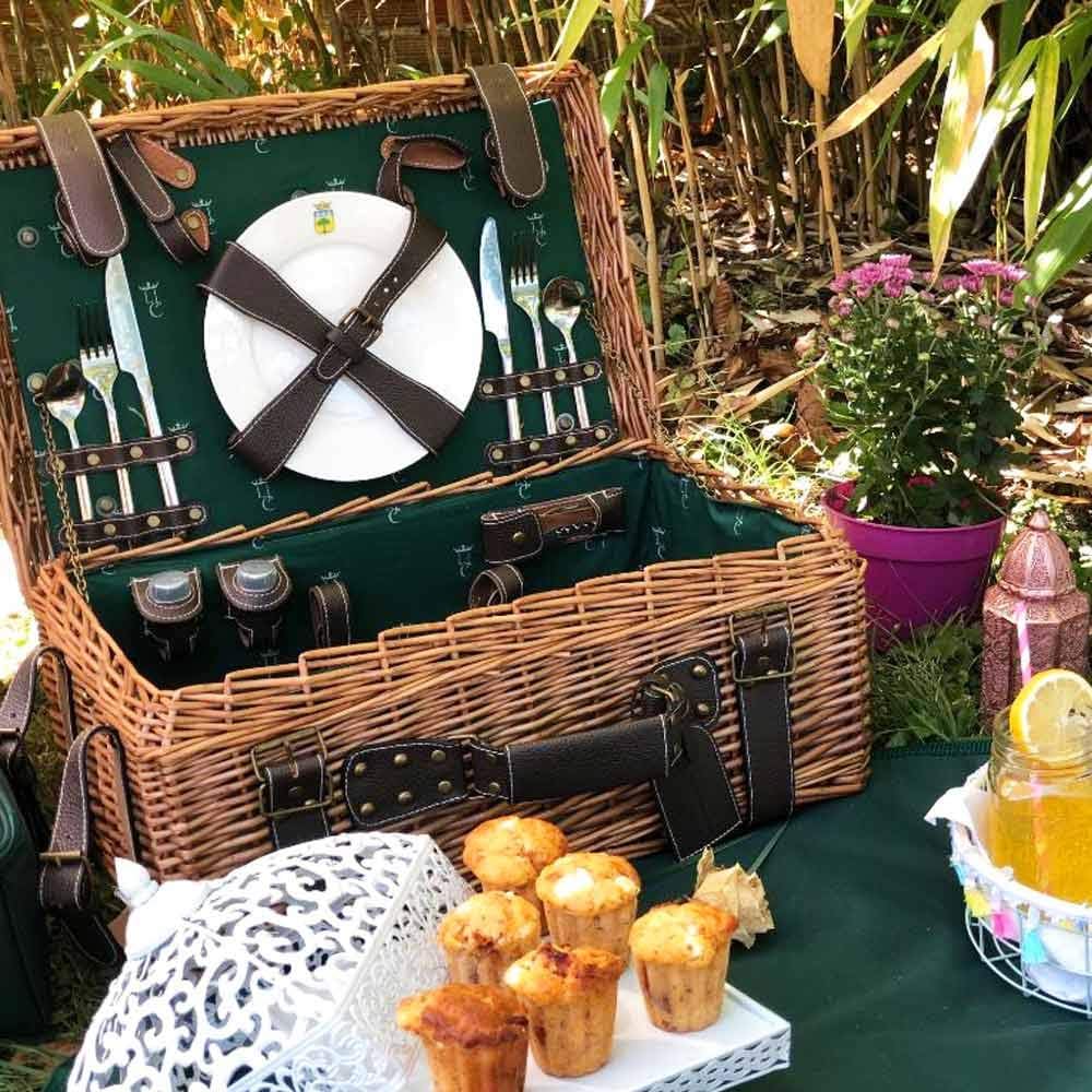 Les Jardins de la Comtesse - Picknickkorb Champs-Elysées aus Weidengeflecht und echtem Leder - Dunke