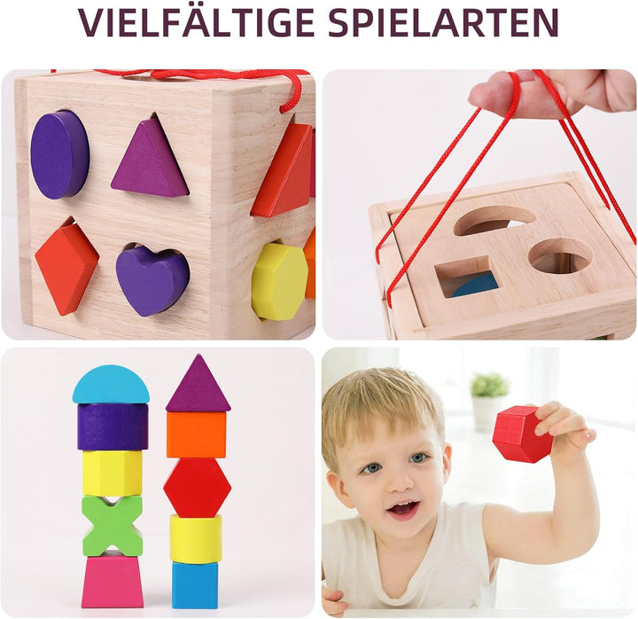 Shape Sorter Spielzeug mit 19 Shape Blocks, Shape Sorting Cube Toy Box klassisches Holzspielzeug für