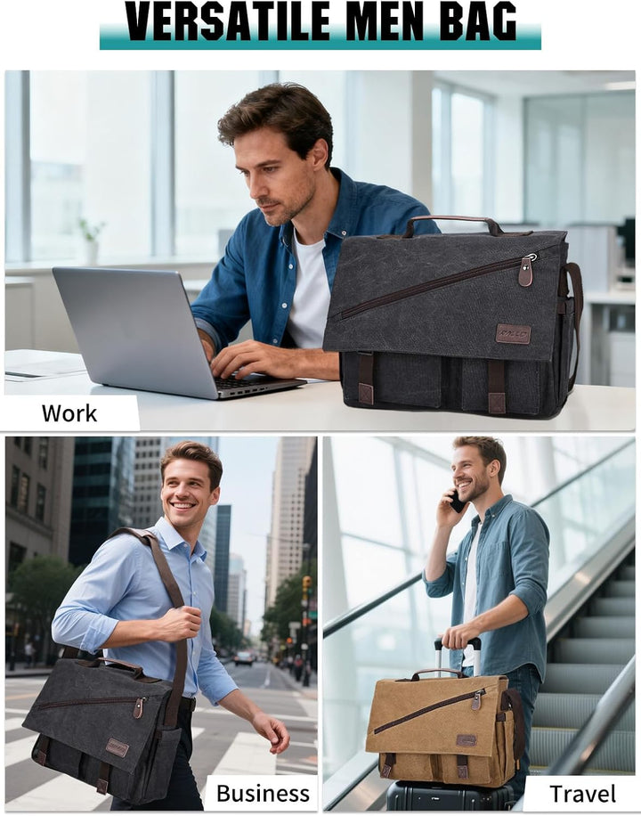 RAVUO Umhängetasche für Herren, wasserabweisend, Canvas, 35,6 cm (14 15,6 17 Zoll) Laptop-Aktentasch