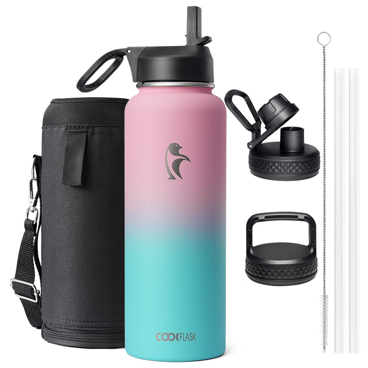 Coolflask 1183 ml Isolierte Wasserflasche mit Strohhalm &amp; 3 Deckeln, Metall-Wasserflasche für Sport