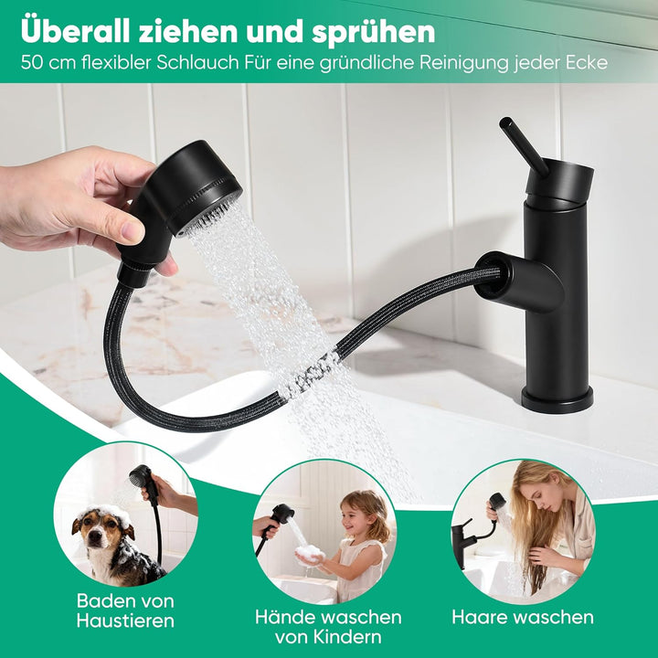 Waschbeckenarmatur mit ausziehbarer Brause Edelstahl-Wasserhahn bad mit Warm- und Kaltwassermischer