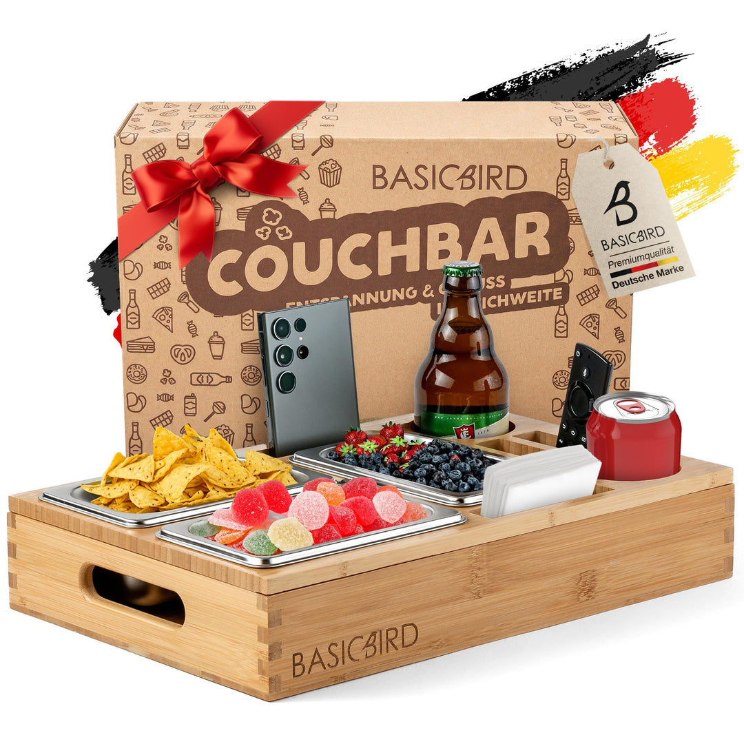 BASICBIRD® Couchbar Snackbox - Organizer Tablett- Snackspender mit 3X Snackschale - Holz Sofatablett