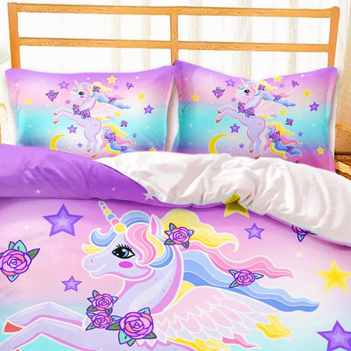 AOXHFNV Einhorn Mädchen Rosa Bettwäsche Set 135x200cm Süsser Einhorn-Stern-Mond-Muster Bettbezug Ein