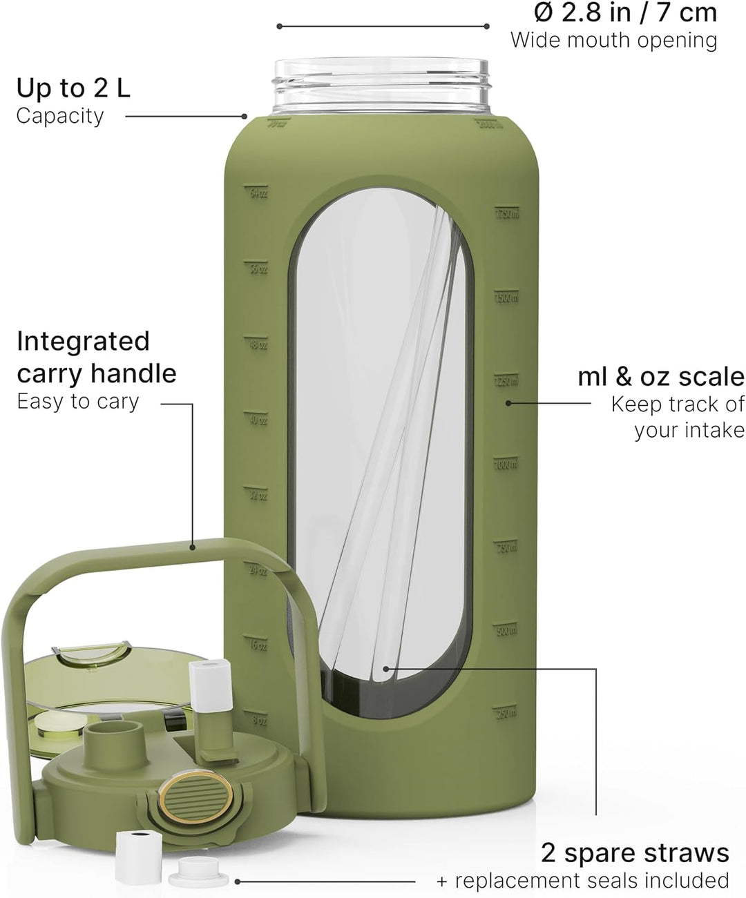 spottle Glasflasche 2 Liter - Trinkflasche 2L Glas mit Strohhalm - Grosse Wasserflasche mit Schutzhü