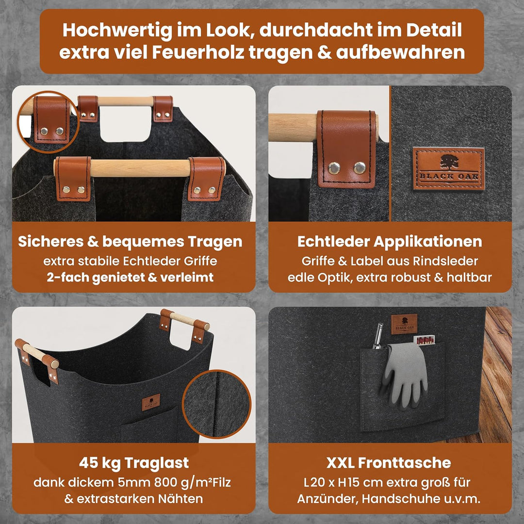 BLACK OAK Montana XL 60L Filzkorb &amp; Holzkorb für Kaminholz - Leder Applikation + rutschfeste Griffe