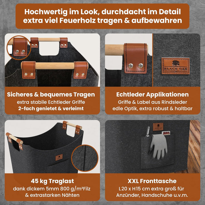 BLACK OAK Montana XL 60L Filzkorb &amp; Holzkorb für Kaminholz - Leder Applikation + rutschfeste Griffe