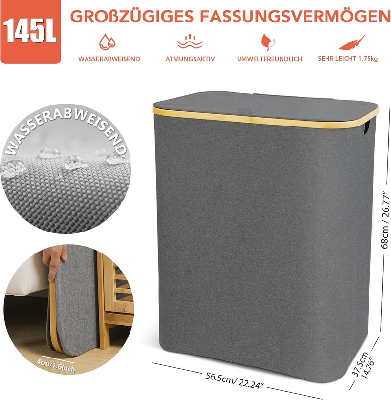SOUTHGATE 145L Wäschekorb 3 Fächer mit Deckel, Faltbare Wäschesammler mit herausnehmbaren Wäschesack