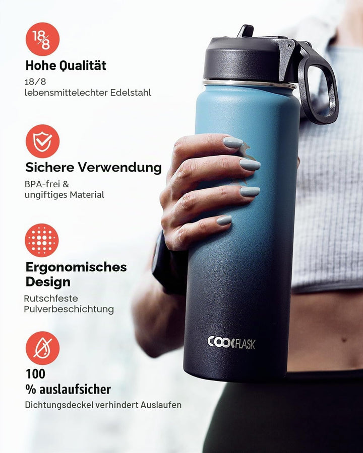 Coolflask Wasserflasche 20 oz isoliert mit Strohhalm, rostfreier Stahl Metall 3 Deckel Wasserflasche