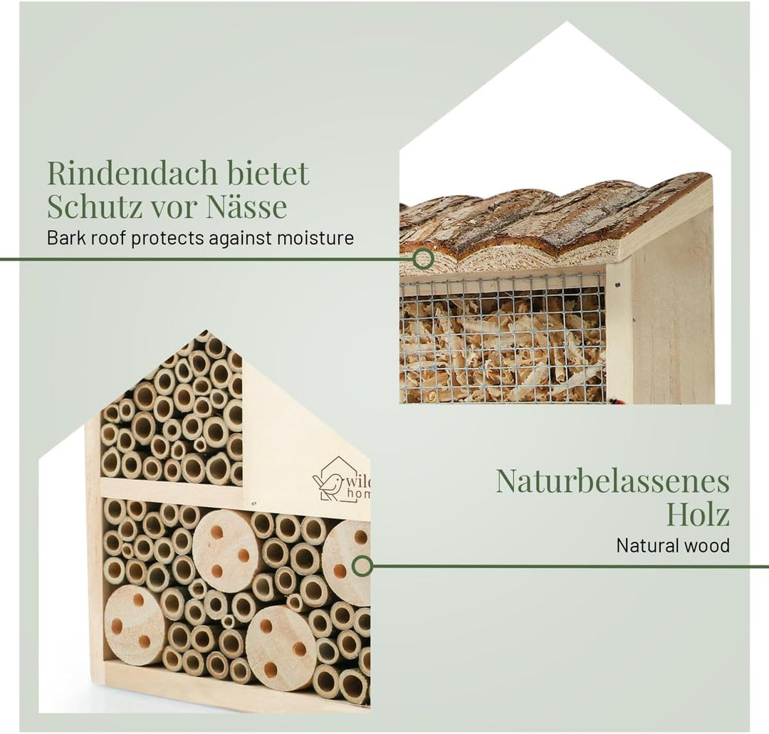 WILDLIFE HOME Bienenhotel Insektenhotel mit Rindendach I Unbehandelt, Bienenhaus aus Massiv-Holz für